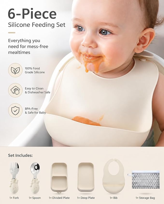 Travel Silicone Baby Feeding Set with 316 Stainless Steel Spoon & Fork, Silicone Suction Plates, Foldable Bib, Storage Bag - Portable Infant Toddler Utensils, 6-Piece BPA-Free Dishware Kit (Beige)