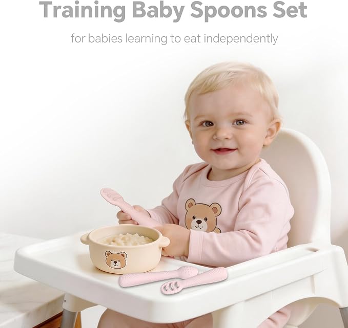 Baby Spoons Self-Feeding 6+ Months, 6 Pack Silicone Training Spoon Set for Baby Led Weaning, 3-Stage & Easy Grip First Utensils for Toddlers Learning Eating Essentials, Dishwasher Safe (Pink Rose)