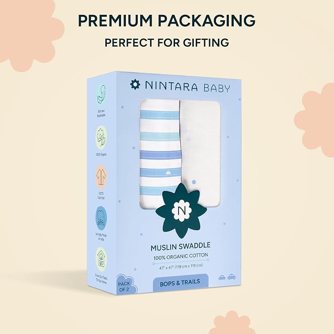 Muslin Swaddle Blankets for Newborns, 2 Pack Multipurpose 100% Organic Cotton, Ultra Soft Breathable Receiving Blanket 47 x 47 inches, Swaddle Wrap for Baby Boys & Girls