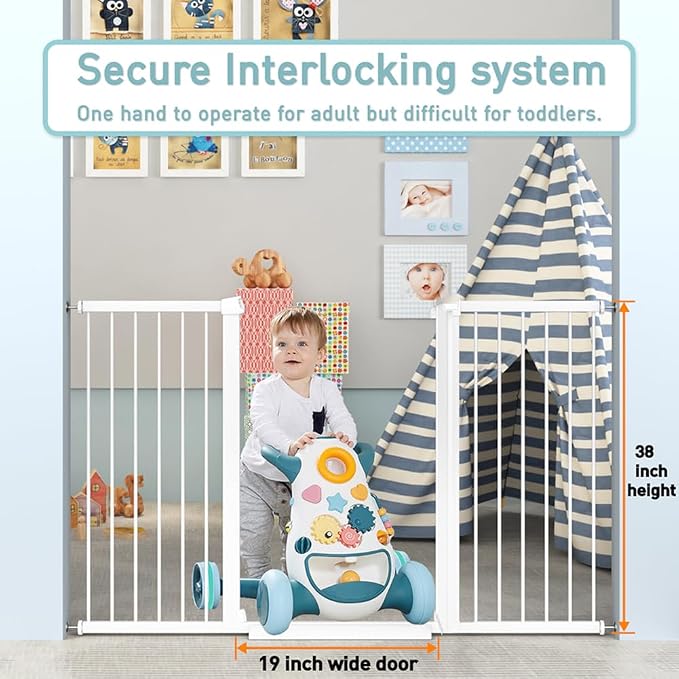 Fairy Baby 38" Extra Tall Baby Gate for Stairs, Fits 29.5" to 32.2" Wide Openings, Metal Auto Close Dog Gate Indoor for the House Doorways, Pressure Mounted Pet Cat Gate for Toddler Kids, White