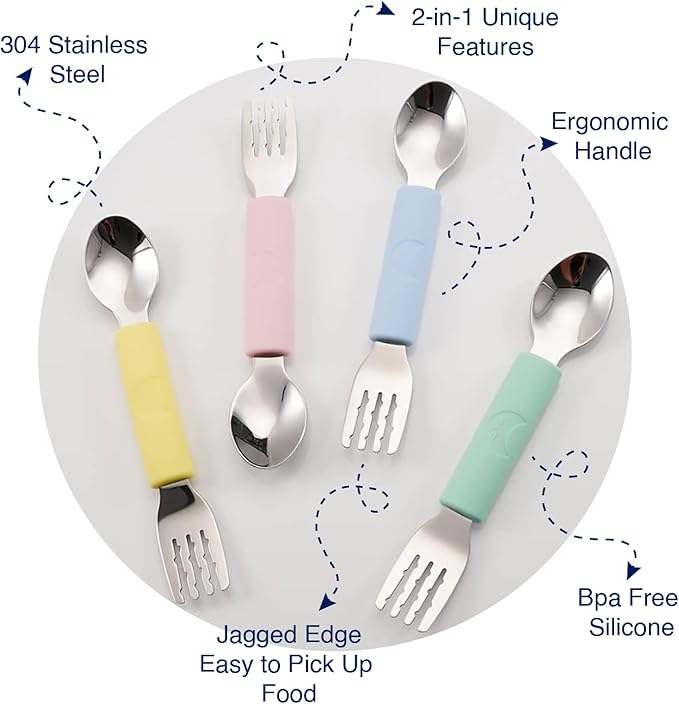 Rowers&Moon Stainless Steel Fork and Spoon Set for Toddlers and Babies, Children's Utensils, BPA-free Silicone Handle, Dishwasher Safe, 2 in 1 Self-Feeding, Travel-Friendly, Portable