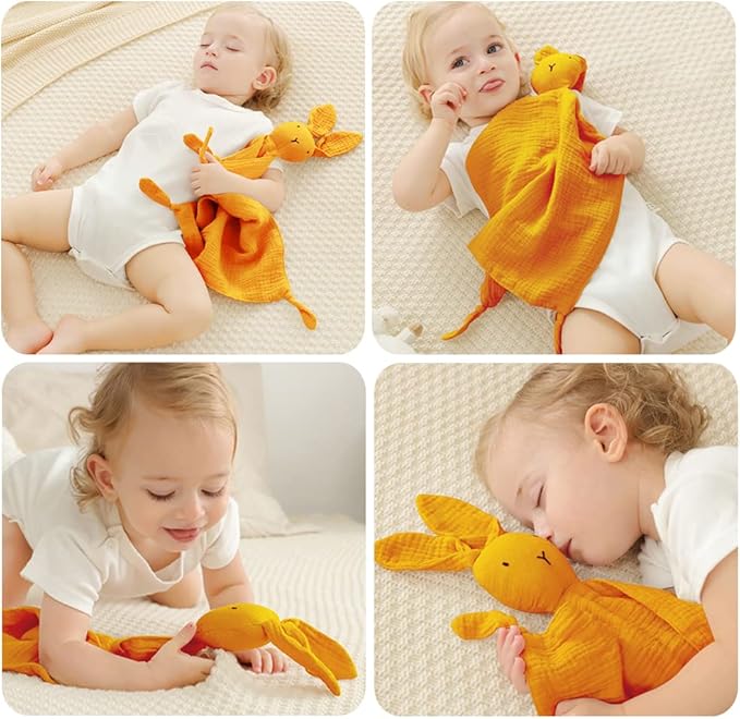 Organic Cotton Muslin Lovey Blanket, Organic Cotton Muslin Bunny Security Blanket Soft & Breathable Lovie Baby Gifts for Boys and Girls