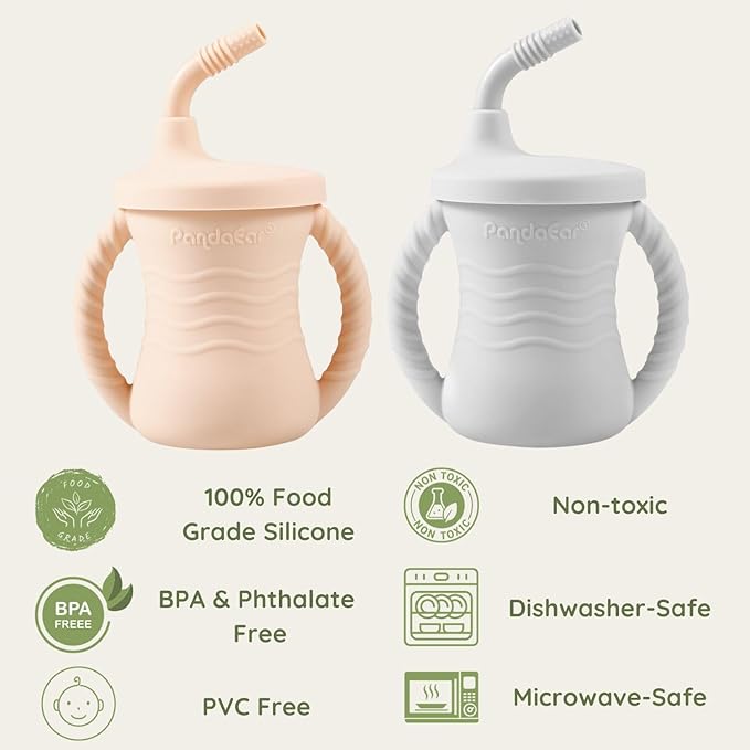 PandaEar Silicone Training Cup, 2 Pack Baby Drinking Sippy Cups with Handles & Straw for Baby and Toddler 6 Months+ (Pink&Grey)