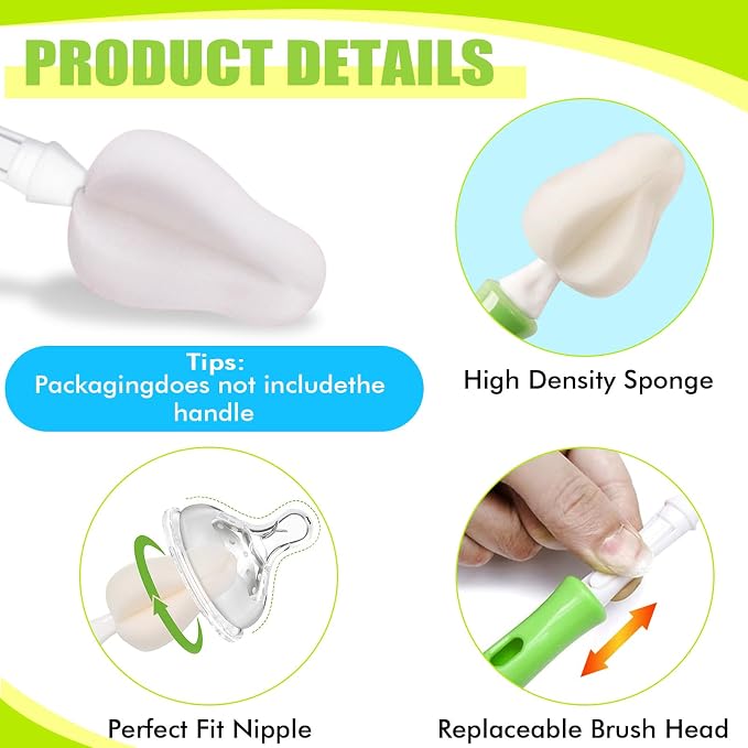 INVODA Nipple Brush Replacement Heads 8PCS Sponge Bottle Brush Head Baby Bottle Nipple Cleaner Detachable Nipple Brush Refill Replacement Head (White)