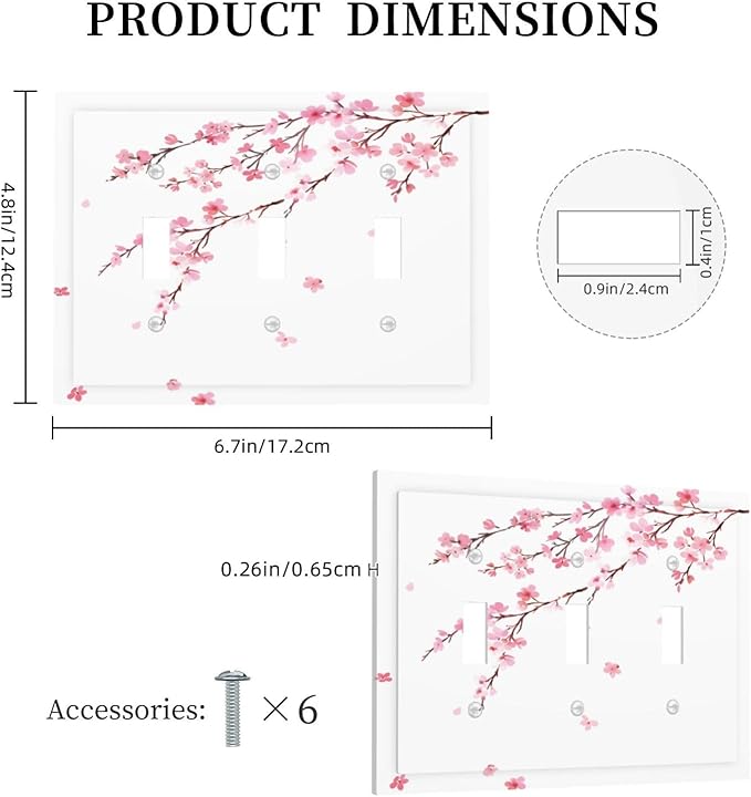Watercolor Cherry Blossoms Flowers Pink Floral Decorative Switch Plates 3 Gang Wall Plate Triple Toggle Light Switch Cover Faceplate Electrical Wall Panels for Bedroom Living Room Decor