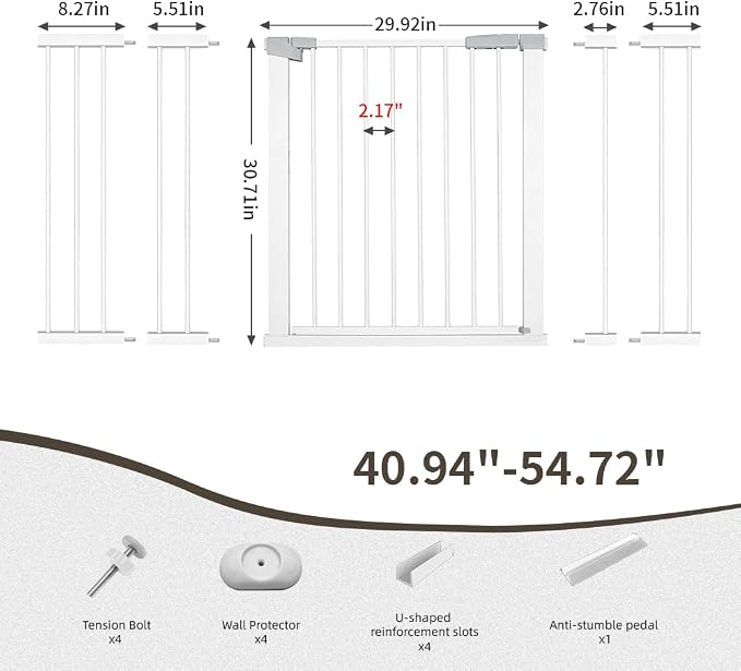 40.9"-54.7" Wide Baby Gate for Doorways Stairs, 30 in Tall Dog Gates with Door No Drill, Auto Close Child Safety Gate for Kid Doggie Cat Proof, Large Long Dog Barrier Indoor Hallways House, White