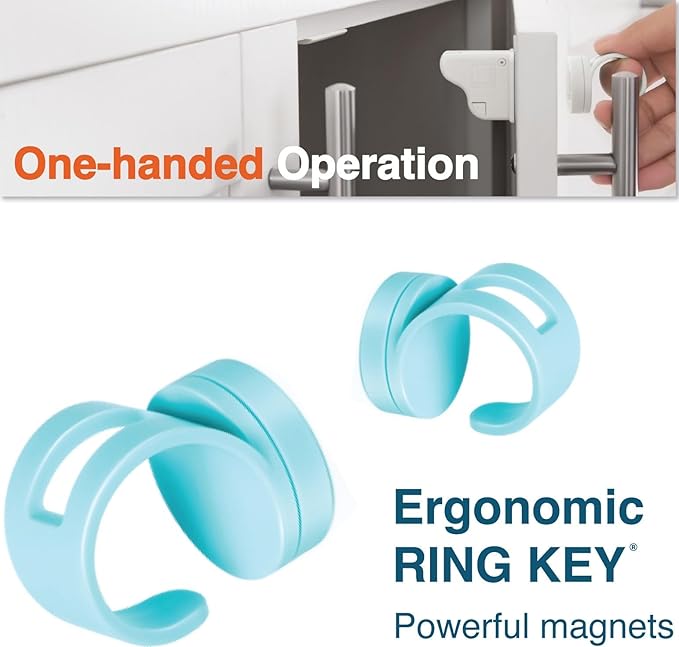 RovingCove Ergonomic Magnetic Cabinet Baby Locks 4-pk, Child Proof Drawer Cupboard Latches, 3M Adhesive, Easy Install with Starter Tape System, 4 Locks 2 Ring Keys