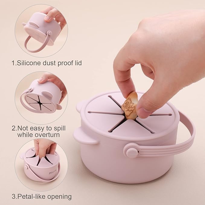 Snack Cups for Toddlers, Baby Snack Containers, Silicone Toddler Snack Cups No Spill, Food Catcher with Lid & Bucket-like Handle, BPA Free & Dishwasher Safe, 9 Ounce Lilac
