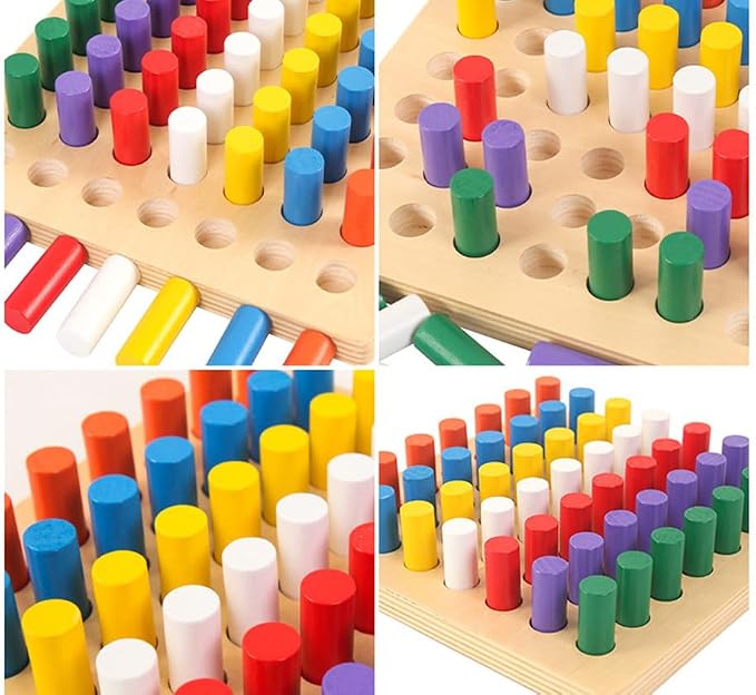 Ontessori Cylinder Socket Peg Board Toy, Wooden Color Matching Insert Rod Puzzle