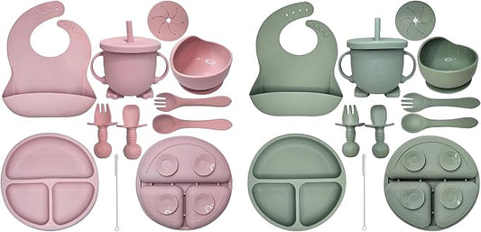 20-Piece Baby Led Weaning Feeding Bundle – Silicone Baby Feeding Set with Bibs, Plates, Bowls, Cups, and Utensils | Rose Quartz + Neutral | Toddler Self-Feeding Supplies