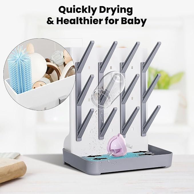 Baby Bottle Drying Rack: Vertical Space Saving Large Bottles Holder - Standing Boon Dryer Rack Baby Accessory - Countertop Holds Up to 12 Bottles & Pump Part Cleaning & Cup (Blue) (Gray)