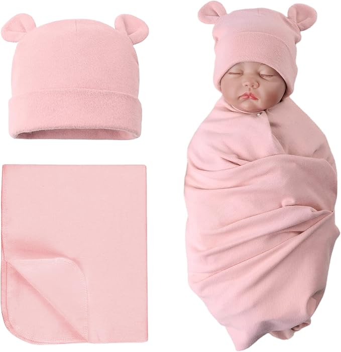 PESAAT Cotton Baby Swaddle Hat Set Newborn Infant Hats Receiving Blankets for Baby Boys Girls