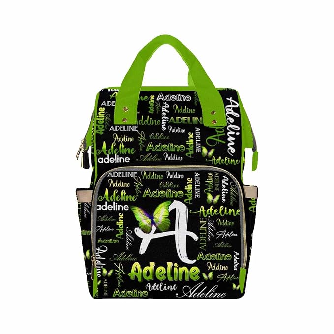 InterestPrint Custom Name Diaper Bag Customized Green Butterfly Signature Nappy Bag Personalized Monogram Laptop Backpack with Name Nursing Bags Shoulders Bag Casual Daypack Travel Bag for Women
