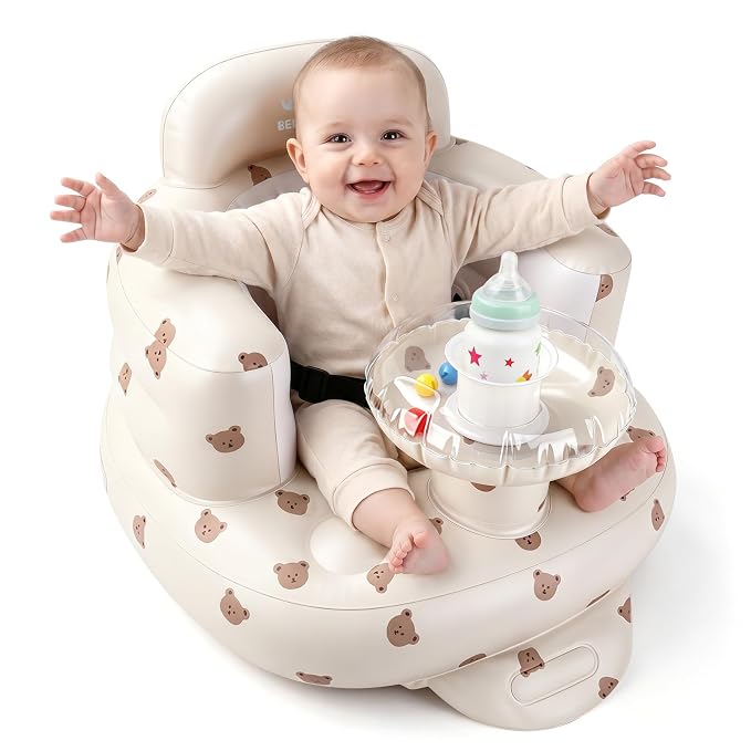 BEBOAN Inflatable Baby Seat with Bell & Clear Tray for 3-36 Months, Portable Upseat Baby Chair with Safety Strap for Sitting Up, Foldable Blow Up Infant Seat, Built-in Air Pump, Beige Bear