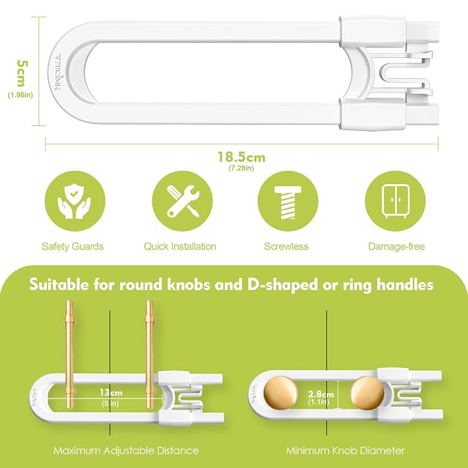 6 Pack Adjustable Cabinet Locks for Babies, U-Shaped Baby Proofing Child Locks for Kids Toddlers Safety, Sliding Door latches for Cabinets, Drawer, Closet, Fridge, Door Knob Handle, Kitchen Home Safe