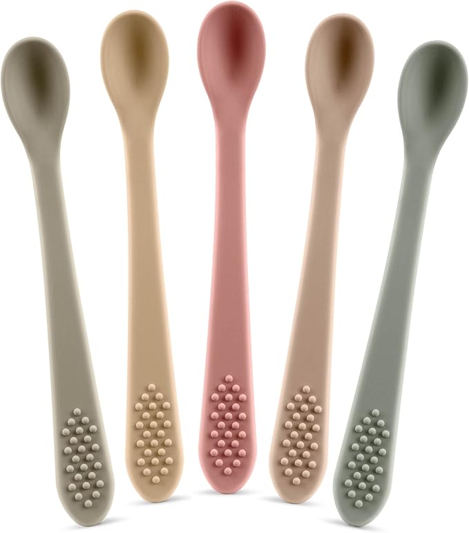 First Stage Silicone Baby Spoon - Self Feeding Utensils - Infant Feeding Spoon - Soft & Gentle on Gums - BPA Free Silicone Spoons Set (Pastel4)