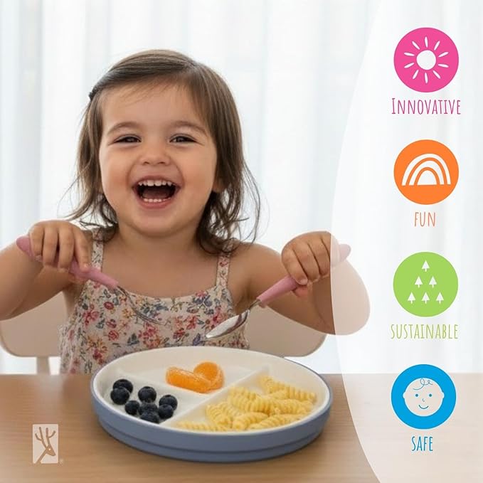 Elk and Friends Kids 7.8??Porcelain Divided Plates with Silicone Sleeves | Suitable for Babies/Kids/Toddlers | Microwave & Dishwasher Safe | Non Slip | Snack Dishes