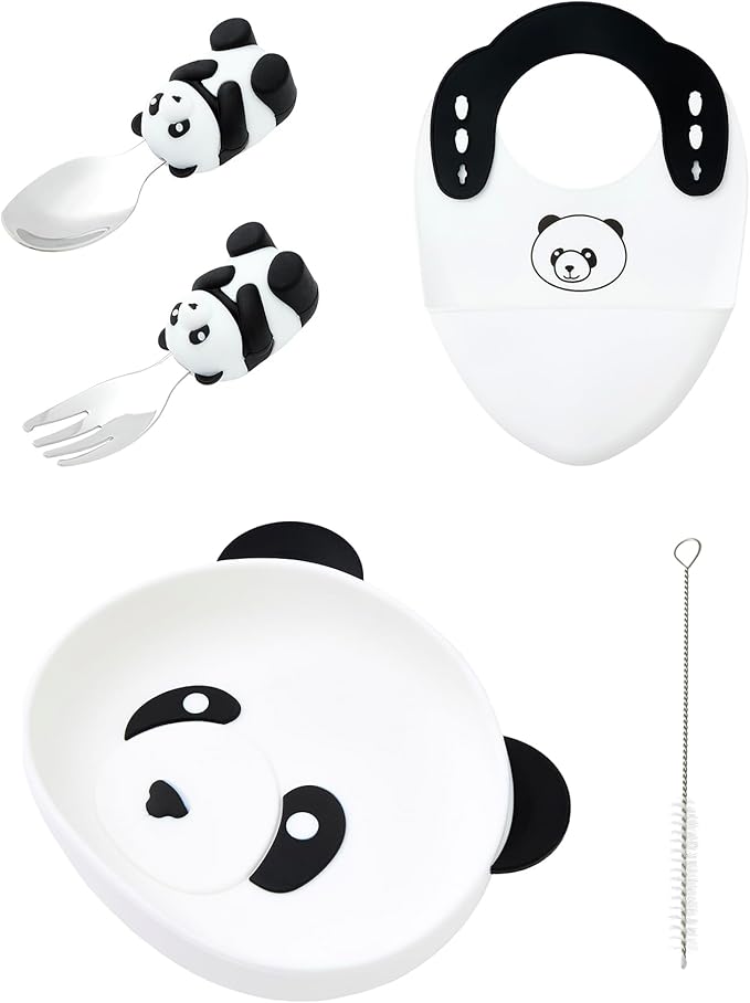 5-Piece Silicone Baby Feeding Set ??Baby Plates with Strong Suction, Toddler Plates Set, Unbreakable Food-Grade Silicone Divided Plate with Spoon, Fork, Bib & Straw Brush