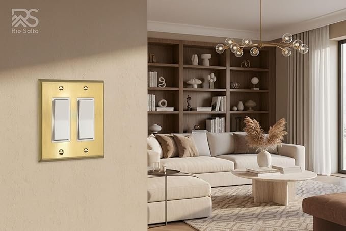 Rio Salto BRASS Signature Collection Brushed Brass Gold Metal Outlet Cover, Decorative Light Switch Cover Plate Wall Plate, Premium, Double Rocker Decorator 2-Gang, 4.56" x 4.50" Standard Size 2-Pack