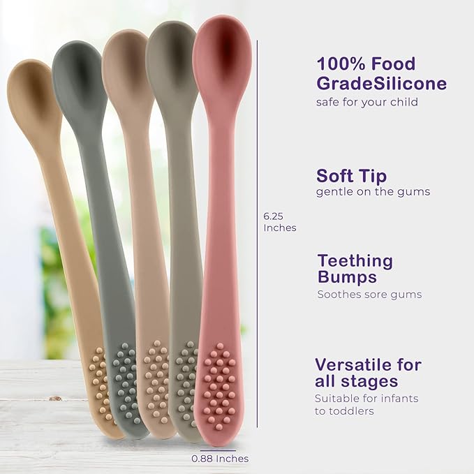 First Stage Silicone Baby Spoon - Self Feeding Utensils - Infant Feeding Spoon - Soft & Gentle on Gums - BPA Free Silicone Spoons Set (Pastel4)