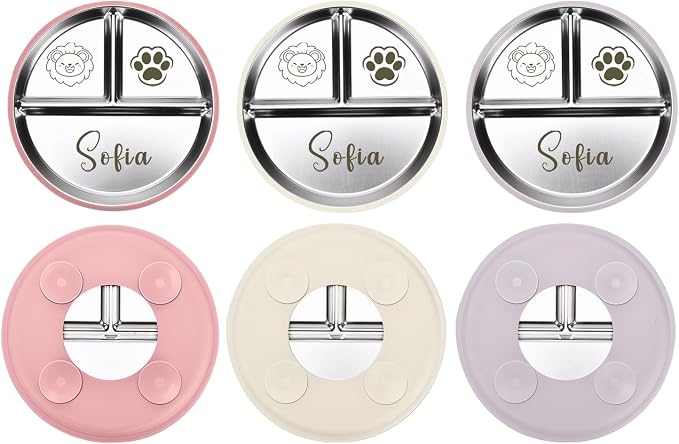 Personalized 3-Piece Personalized Stainless Steel Baby Divided Plates with Suction & Silicone Sleeve, Ideal for Showers & Birthdays,Baby Led Weaning Supplies, Dishwasher Safe (Pink Beige Purple)