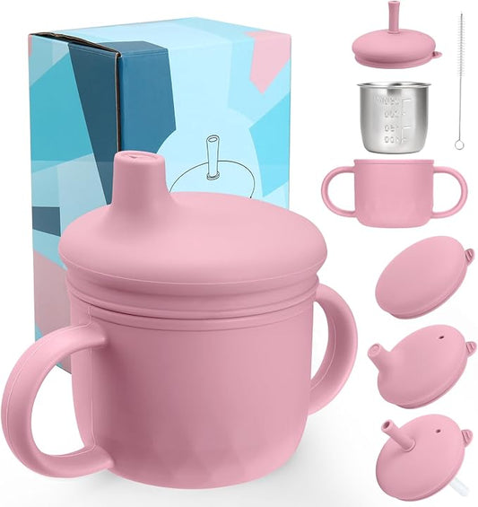 Mity rain 3-In-1 Stainless Steel Sippy Cup for 6+ Month Old, Baby Straw Cups for Toddlers 1-3 with Travel Lid, Silicone Straw, Replacement Straw & Cleaning Brush - 8oz Toddler Cups Spill Proof Set