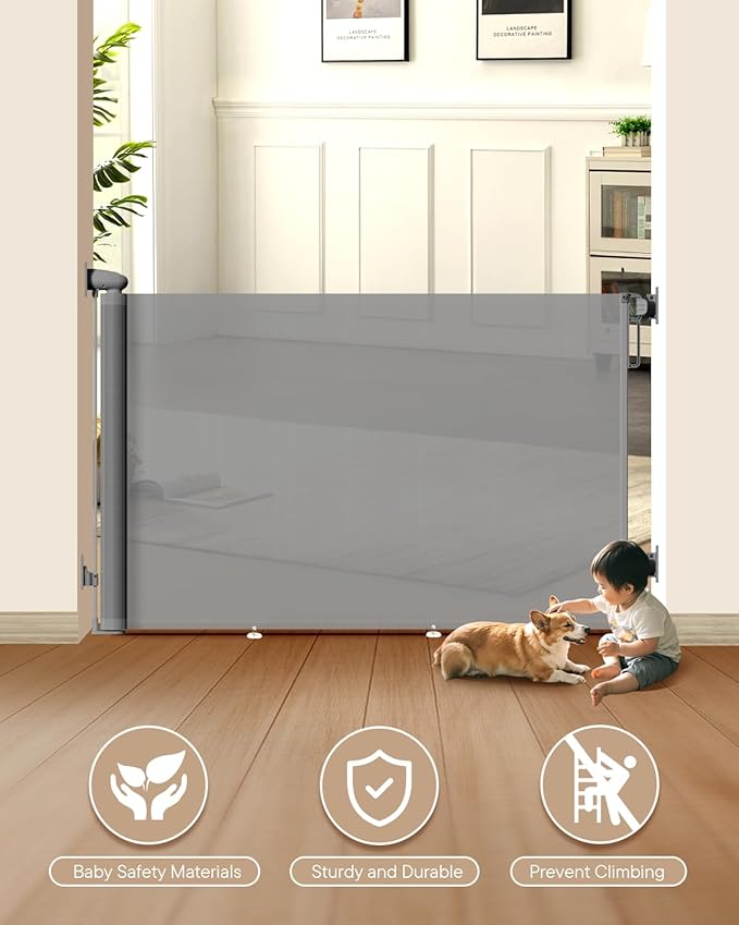 Retractable Baby Gate for Stairs ??34" Height, Expands up to 71" Width, Safety Gate for Infants, Toddlers, Dogs & Pets, Easy Install, Gray Puppy Gate for Indoor & Outdoor Use, Gray