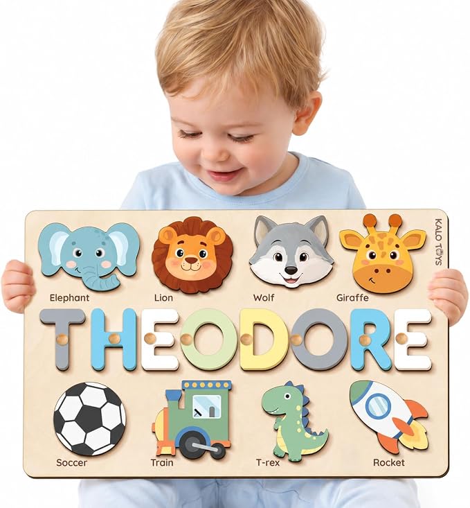 Custom Name Puzzle for Toddlers - Personalized Baby Gift with Animal Art Backdrop | 48 Animal Themes | 1st Birthday Gift for Boy & Girl | Personalized Baby Gifts