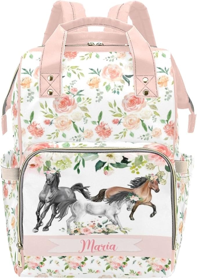 Personalized Cute Diaper Bag Backpack with Name Customized Floral Horse Mommy Bags for Moms with Muti Pockets Custom Portable Nappy Bag Travel Backpack with Large Capacity for Women