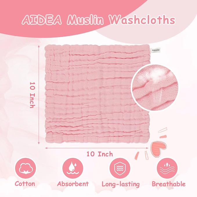 AIDEA Baby Washcloths and Burp Cloths, Absorbent Cotton Muslin Baby Towels, Large Soft Breathable Newborn Essentials for Boys and Girls, Newborn Essentials, 10 Pack, 10"x10"