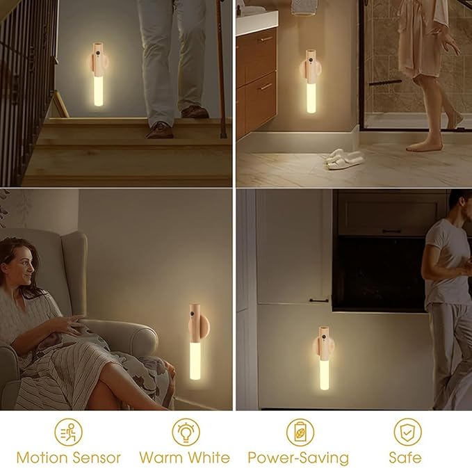 LANDGOO 2-Pack Magnetic Night Light with Motion Sensor, Ash Wood Cylindrical Rechargeable LED Lamp Set, White Light Only, Portable Bedside Lights for Bedroom Nursery