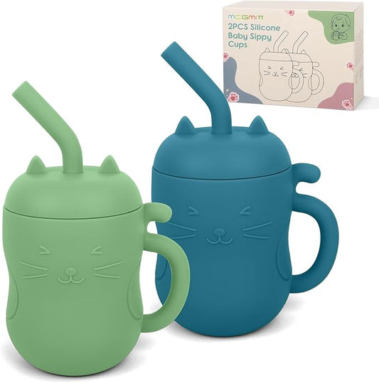 MCGMITT Silicone Baby Sippy Cup, 2 Pack Leak Proof Straw Cup for 6 12 18 Months, 5oz BPA Free Non Toxic Toddlers Training Cup with Handle, Soft Bite-Resistant Straw, Microwave & Dishwasher Safe