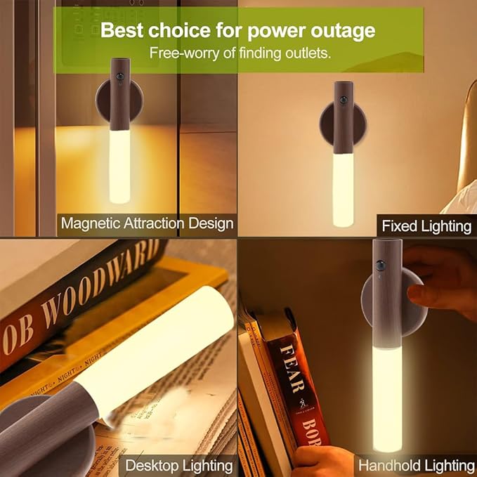 LANDGOO 2-Pack Magnetic Night Light with Motion Sensor, Walnut Wood Cylindrical Rechargeable LED Lamp Set, White Light Only, Portable Bedside Lights for Bedroom Nursery