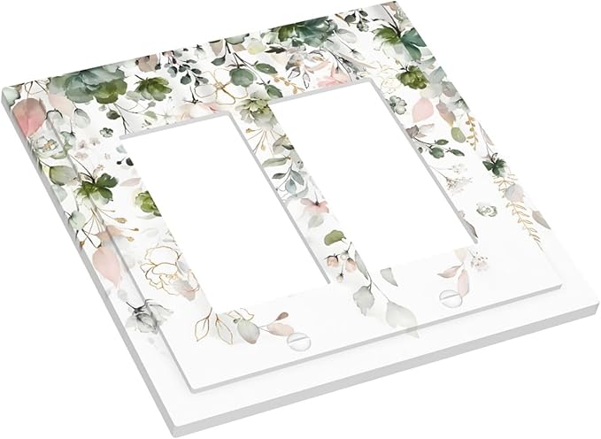 Green Pink Floral Flower Rustic Eucalyptus Leaves Wildflower Decorative Outlet Covers 2 Gang Double GFCI Rocker Electrical Wall Panels Light Switch Cover Plate for Bedroom Living Room Decor