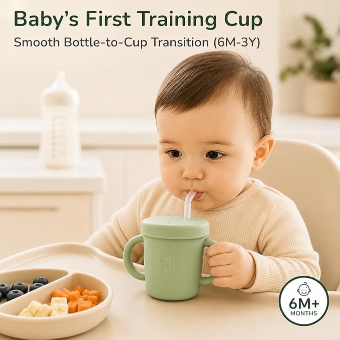Stainless Steel Straw Cup for Toddlers 1-3, 6oz | Spill & Leak Proof Transition Cup, Sippy Cup Alternative | Clear Bendy Straw with Valve & 2 Handles | Baby Led Weaning | Dishwasher Safe