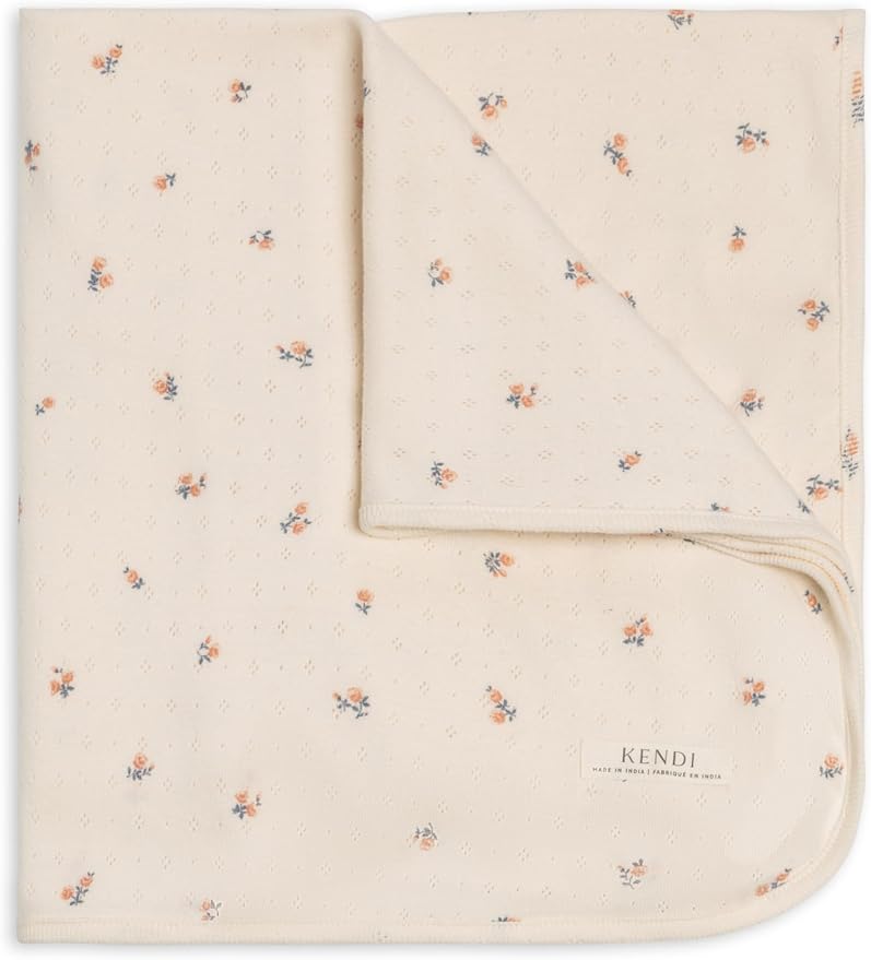 Colored Organics Kendi Baby Organic Cotton Swaddle - Infant Receiving Blanket - Maris Floral/Ivory + Sea Pointelle