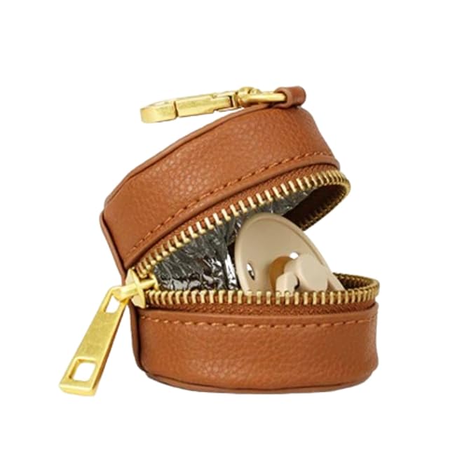 FAWN DESIGN The Paci Case, Brown Pacifier Holder, Premium Pebbled Faux Leather Paci Holder, Insulated Pacifier Case with Zipper and Clip, Fits Most Standard Size Pacifiers, 2.25 x 2.25 inches