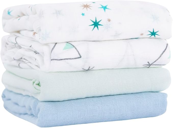 Muslin Swaddle Blankets for Baby Boys and Girls, 4-Pack Breathable and Skin-Friendly Receiving Blanket Wrap, Baby Essentials, Registry & Gift, 47 x 47 inches (Blue Sky)