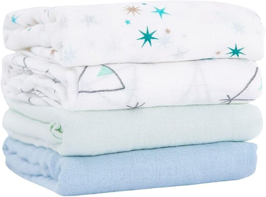 Muslin Swaddle Blankets for Baby Boys and Girls, 4-Pack Breathable and Skin-Friendly Receiving Blanket Wrap, Baby Essentials, Registry & Gift, 47 x 47 inches (Blue Sky)