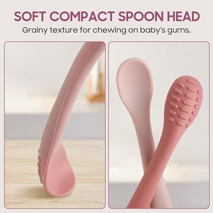 Baby Spoons, BEMEI Silicone Baby Spoons Self Feeding 6+ Months, Soft & Gentle Textured Baby Feeding Spoon with Fixed Suction Cup, Dishwasher Safe 【grey+kahaki+brown】