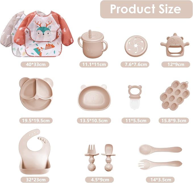 Silicone Baby Feeding Set, 14 Pcs Baby Led Weaning Supplies, Baby Spoons & Forks Suction Bowl Divided Plate Bib Cup, First Stage Solid Food Eating Utensils - 6+ Months (Beige)