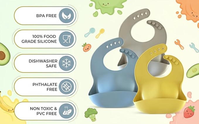 Silicone Baby Feeding Bibs ??Waterproof, BPA-Free, Soft & Adjustable with Crumb Catcher ??Easy to Clean