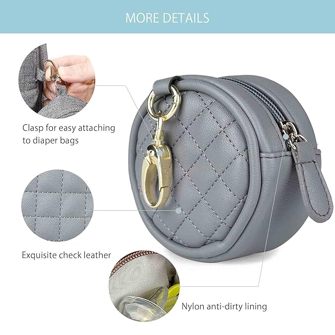 SONARIN Leather Dummy Case with Clasp,Portable Soother Pod Pacifier Case Pacifier Holder Soother Storage Box for Holding 2 Pacifiers or Nipple Shields,Attach to Diaper Bags(Grey)
