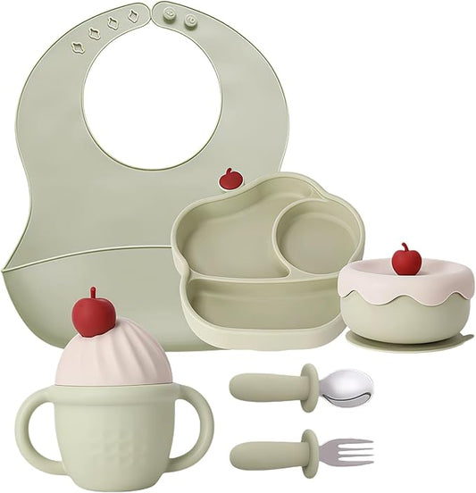 Silicone Baby Feeding Set, Gelato Collection Baby Led Weaning Supplies, First Self-Feeding Set with Silicone Suction Bowl & Plate, Straw Cup & Bib, Fork & Spoon Silicone Baby (Green)