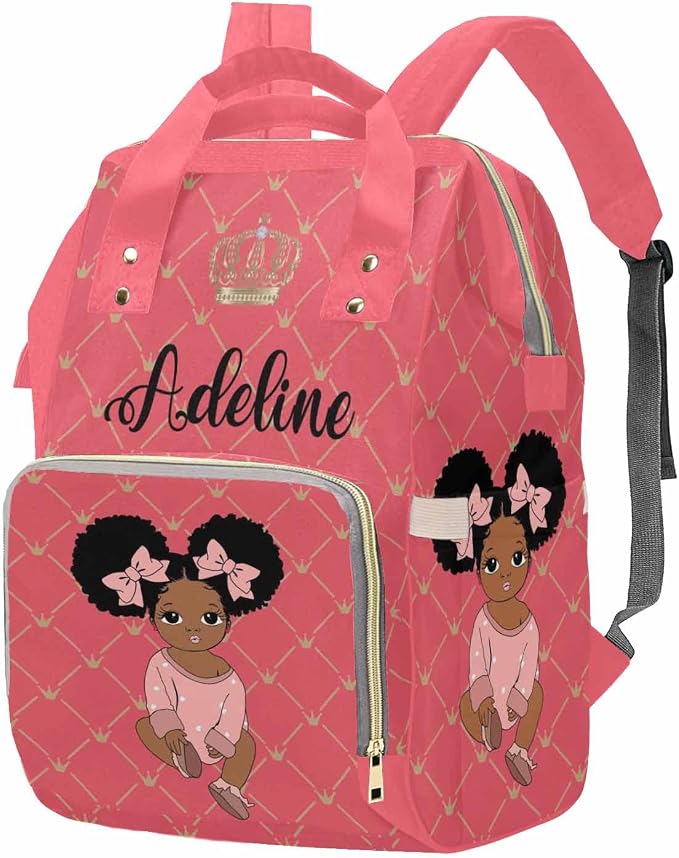 M YESCUSTOM Personalized Name Diaper Bag for Women, Customized Rose Pink Nylon Waterproof Backpack Golden Crown Nursing Mommy Bag Birthday Holiday Gift for Baby