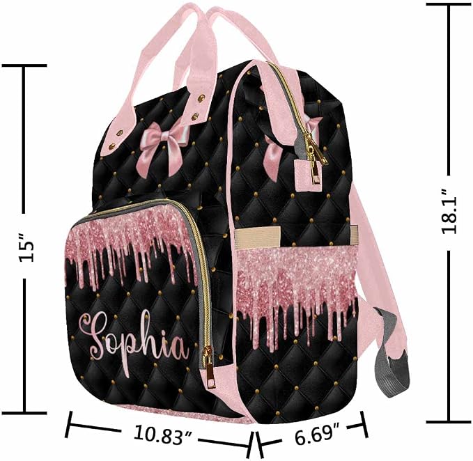 InterestPrint Custom Name Diaper Bag Personalized Pink Glitter Bowknot Nursing Bags Backpack with Name Customized Mummy Nappy Bag Shoulders Bag Casual Daypack Travel Bag for Women Men