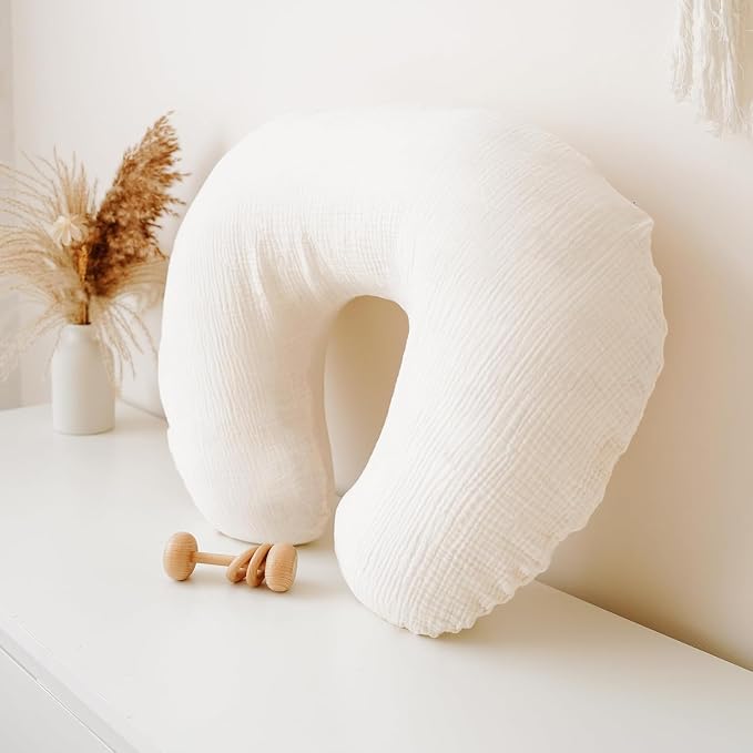 Muslin Nursing Pillow and Positioner, Breastfeeding, Bottle Feeding, Baby Sitting Support with Removable Ultra Soft Minky Cover, Tummy Time Support for Baby Boys and Girls