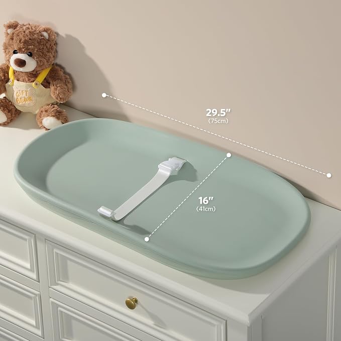 Baby Changing Pad Waterproof in EVA Foam, Baby Changing Mat Wipeable Baby Changing Table Pad, Adjustable Safety Belt & Non-Slip Base, for Diaper Changes & Massage, Fits Dresser/Changing Table - Sage