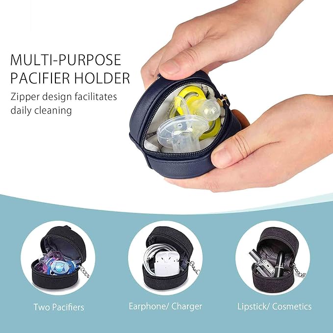 SONARIN Leather Dummy Case with Clasp,Portable Soother Pod Pacifier Case Pacifier Holder Soother Storage Box for Holding 2 Pacifiers or Nipple Shields,Attach to Diaper Bags(Dark Blue)