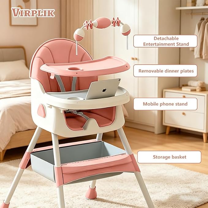 Foldable 4-in-1 Baby High Chair for Babies & Toddlers, High Chair with Detachable PU Cushion, Removable Tray, Adjustable Height, Locking Wheels,Pink